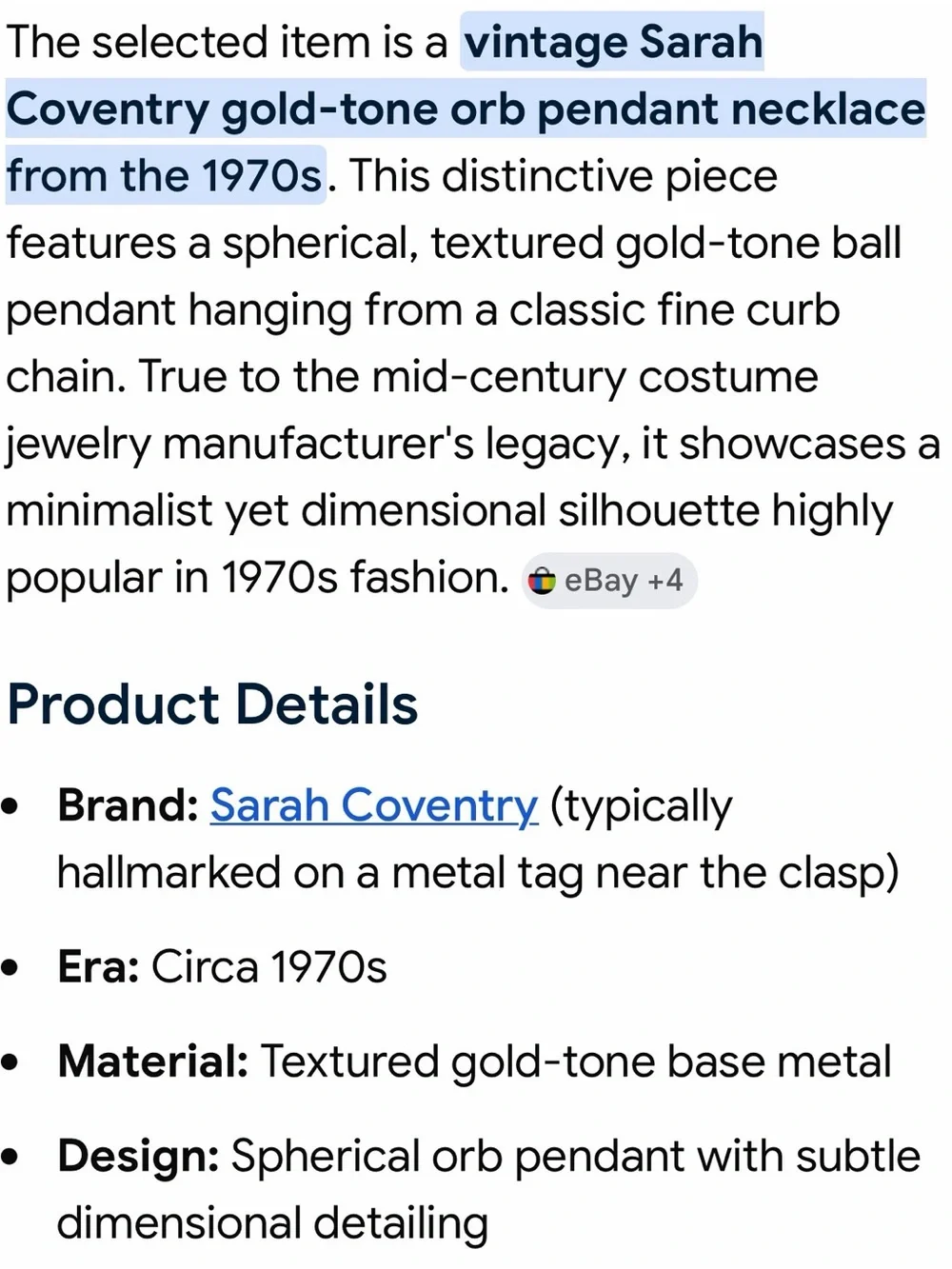 Vintage 70s Sarah Coventry Gold-Tone Spherical Orb Pendant Necklace